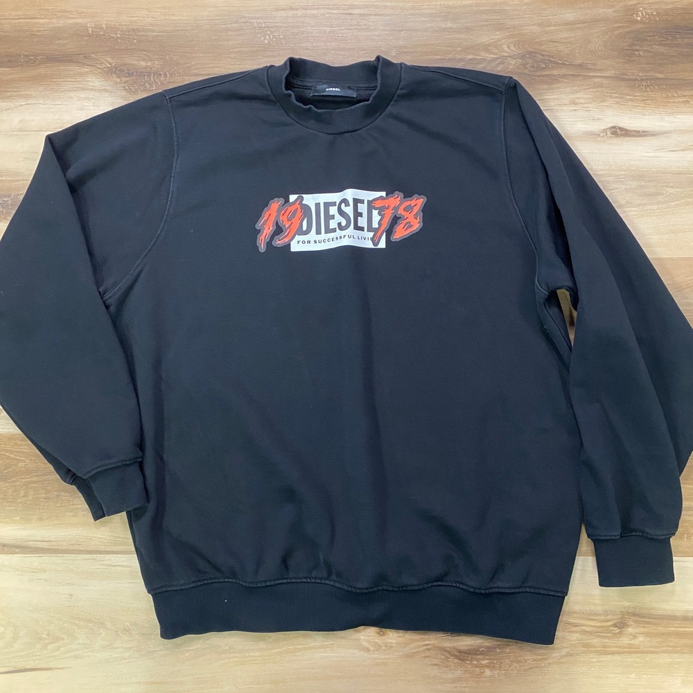 Diesel Sweatshirt XL Graphic Logo Cotton Blend Crew Neck Black